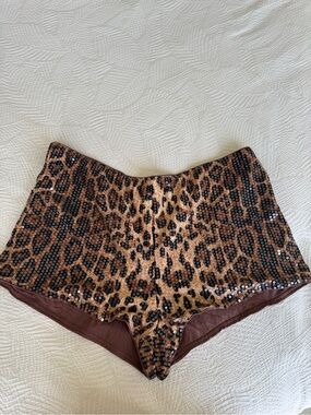 Sequin Leopard Print Women's Mini Shorts - Brown